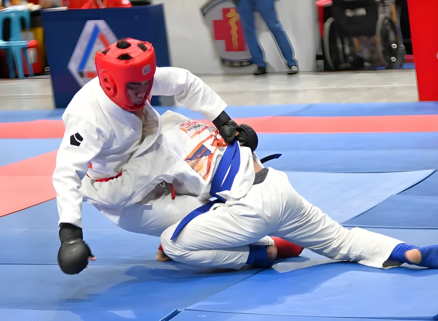 Contact Jujitsu athletes wearing head guards